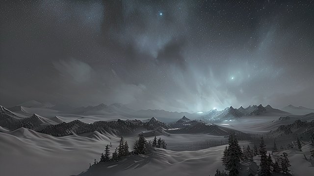 4k breathtaking night snowy landscape with a nebulae  intricate realistic details