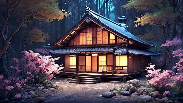 the most breathtaking award winning amazing 4k uhd detailed fascinating photo of a small japanese cottage in a forest during night  intricate realistic details  dark pink shades  cherry flowers