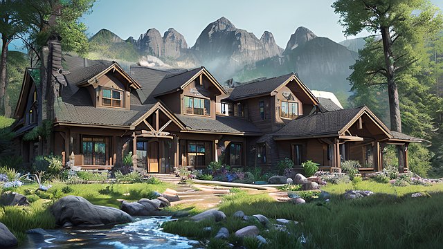 Create an intricate and realistic image of a stunning ranch style house nestled in a lush green mountain valley  tall trees  rocky peaks  and majestic waterfalls surrounding it  showcasing intricate details and unique design elements