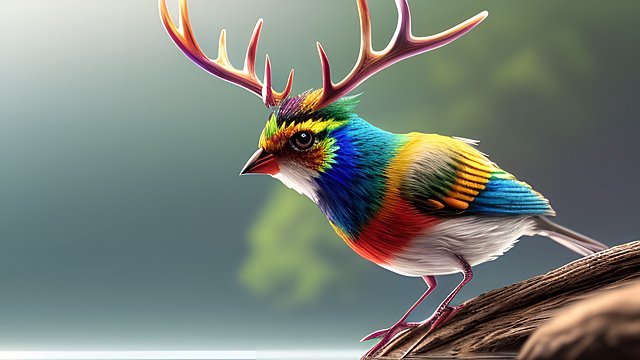 breathtaking photo of a colorful small bird with antlers over a lake  intricate realistic details