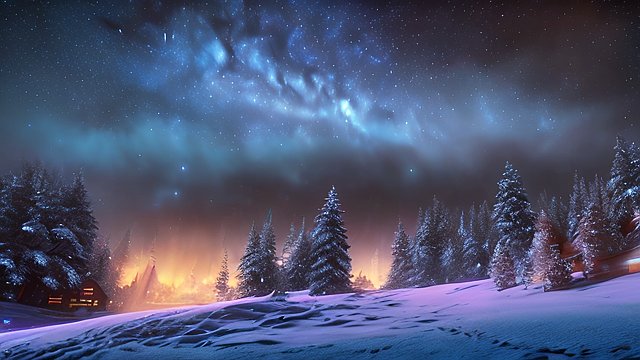 4k breathtaking photo of a night snowy Christmas landscape with a nebulae  colorful  intricate realistic details