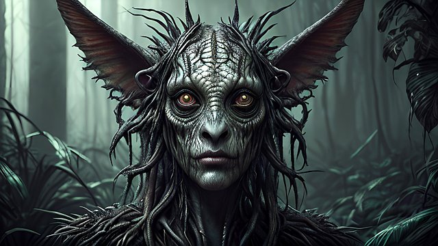 award winning portrait painting mesmerizing dark fantasy creepy animal in a dark jungle  intricate realistic details  amazing atmosphere