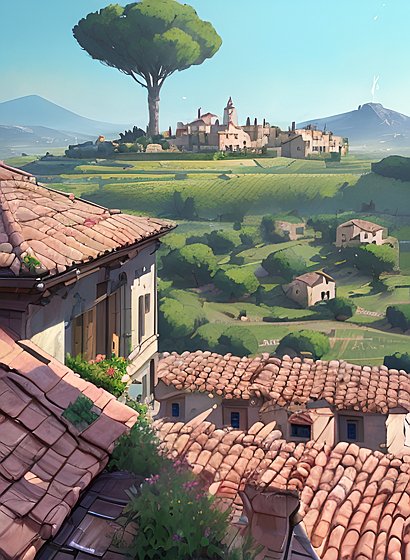 beautiful painting of some mediterranean roof and countryside  amazing landscape