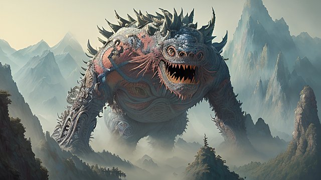 breathtaking painting of a gigantic whimsical monster in mountains  intricate details