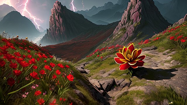a red flower on a mountain  fantasy background