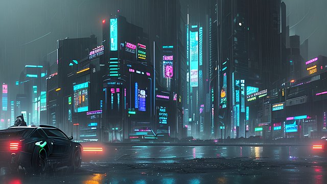 cyberpunk city under rain, intricate realistic details, breathtaking cinematic atmosphere, dark contrast