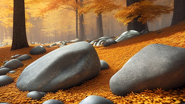 award winning photo of a rock in a mesmerizing autumn forest scatter sun light  intricate realistic details  amazing clouds