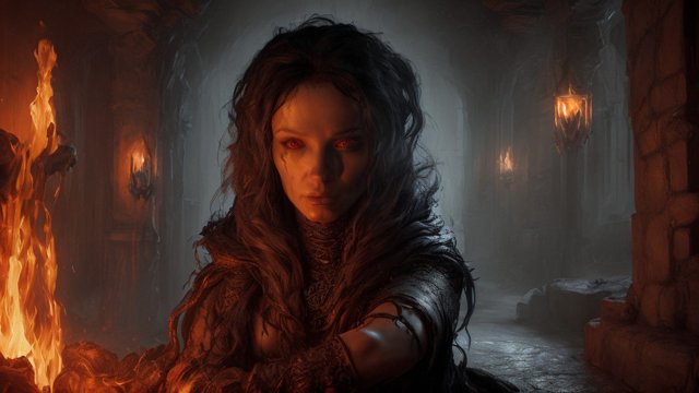 breathtaking painting portrait of a dark fire sorcerer in a dungeon, intricate realistic details