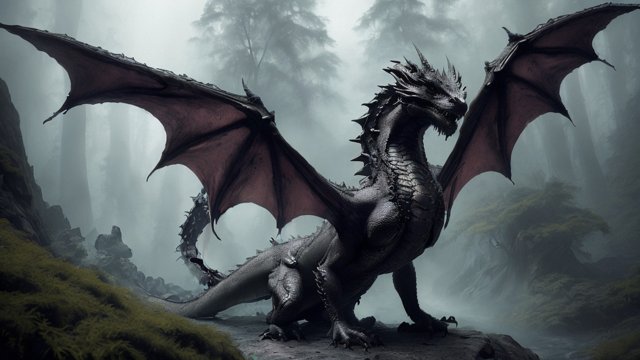 breathtaking photo of a dragon in a mountain forest  intricate realistic details  dark atmosphere