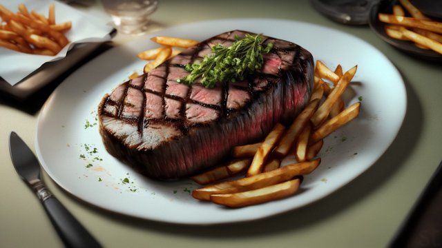 breathtaking painting of a steak with french fries, intricate details