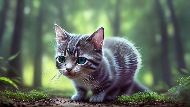 award winning photo of a mesmerizing small cat in a forest  intricate realistic details  amazing clouds