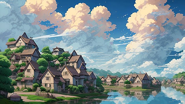 breathtaking anime painting of a village in an anime or manga style, manga, in the open with astonishing clouds