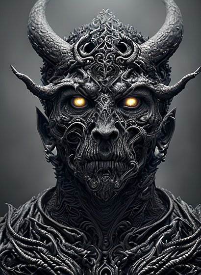 portrait painting of the serious face of a non-human demon god  intricate details  award winning  dark fog