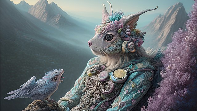 breathtaking portrait of a whimsical creature on a mountain  intricate realistic details