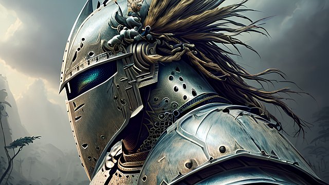 award winning painting mesmerizing portrait of an armored knight in a fantasy jungle  intricate realistic details  amazing clouds