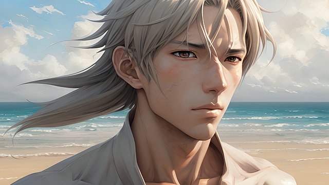 breathtaking portrait of a anime male character on a beach