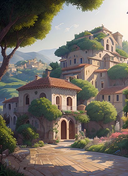beautiful painting of mediterranean roof and countryside, amazing landscape