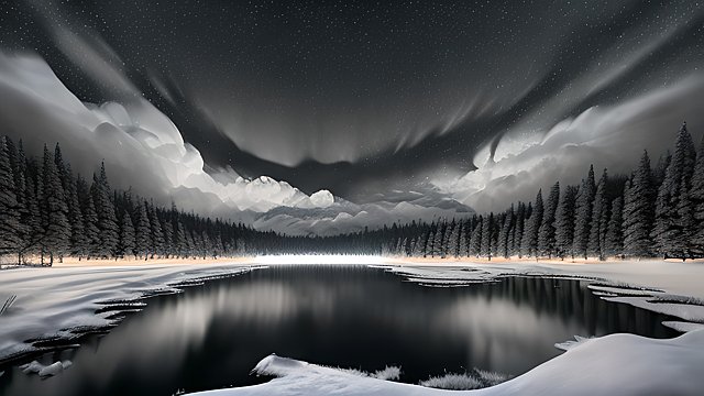 award winning night shot of a snowy lake  high contrast  intricate realistic details  breathtaking clouds