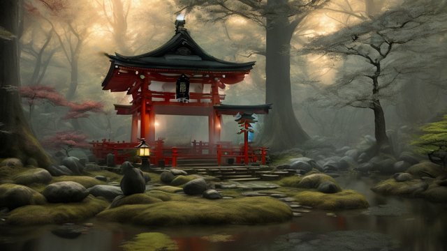little shrine in a forest  japan  award winning painting