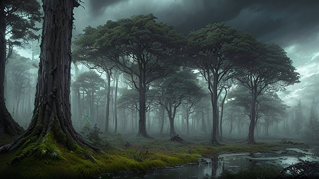the most breathtaking photo of forest  intricate realistic details  dark shades  amazing anime clouds