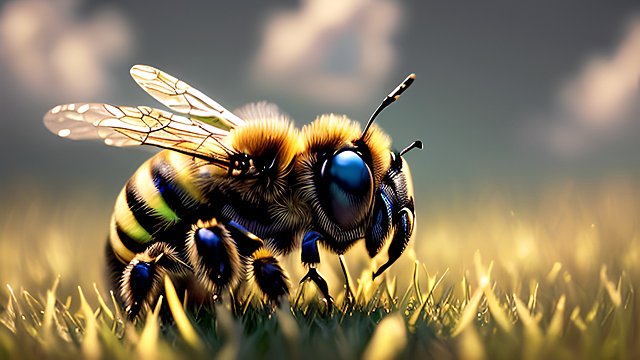 award winning photo of a bee in a grassland  intricate realistic details  amazing clouds