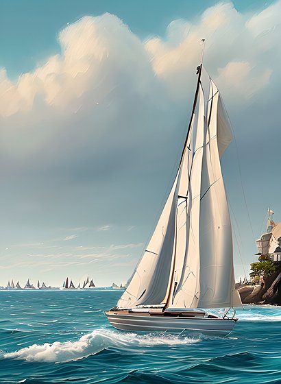 beautiful painting of a sailboat on the sea, a small city in the background
