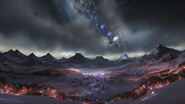 4k breathtaking night snowy landscape with a nebulae  colorful  intricate realistic details