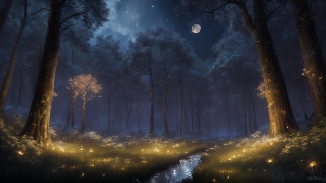 breathtaking painting of a forest with fireflies under the moonlit sky  thoughts wander like fireflies  clear sky  breathtaking clouds  at dawn
