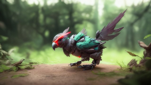 breathtaking octane render of a cyber little bird in a forest  intricate details