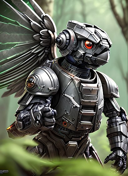 beautiful octane render of an armored cyber little bird  intricate details  in a forest