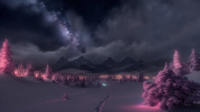4k breathtaking night snowy landscape with a nebulae  colorful  intricate realistic details