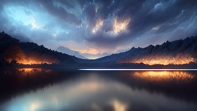 award winning photo of a lake during the night  intricate realistic details  amazing clouds