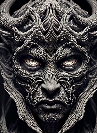 portrait painting of the serious face of a demon god  intricate details  award winning  dark fog