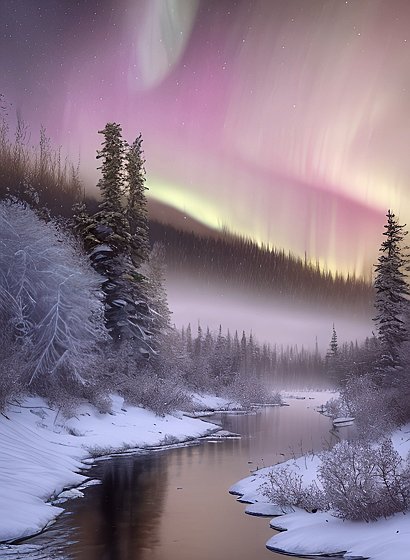 photo of beautiful northern lights  award winning shot  realistic intricate details  snowy forest and river and fog  water reflections