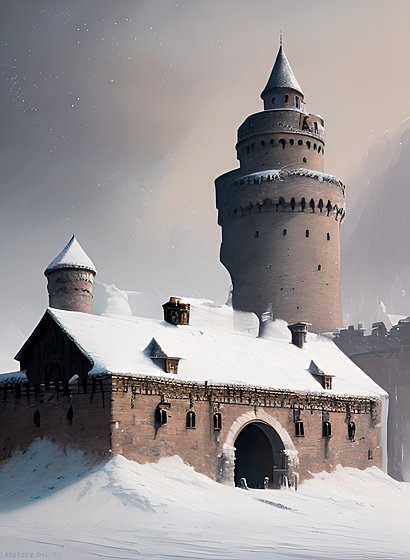 beautiful painting of fortifications, snowy