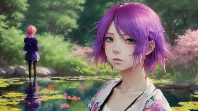 portrait anime girl near a pond  colorful hairs  anime drawing  anime manga style