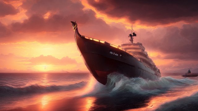 breathtaking portrait of a large boat with the sunset on a beach, award winning shot, clouds, intricate details
