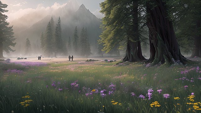 Epic concert set in the middle of a vast wide open meadow with forest on the left and right