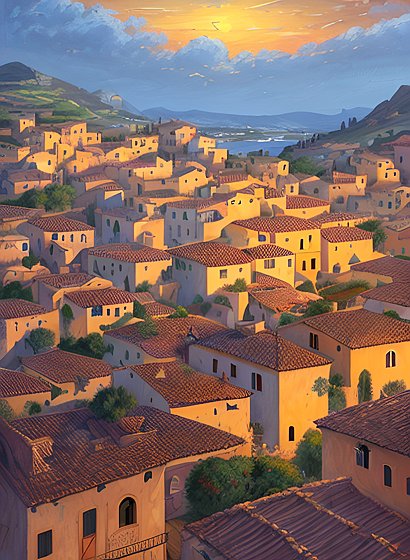 beautiful painting of mediterranean roofs and countryside  amazing landscape
