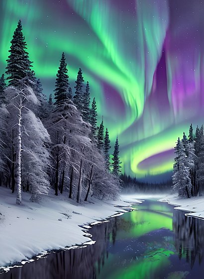 beautiful northern lights  award winning shot  snowy forest and river and mist  water reflections
