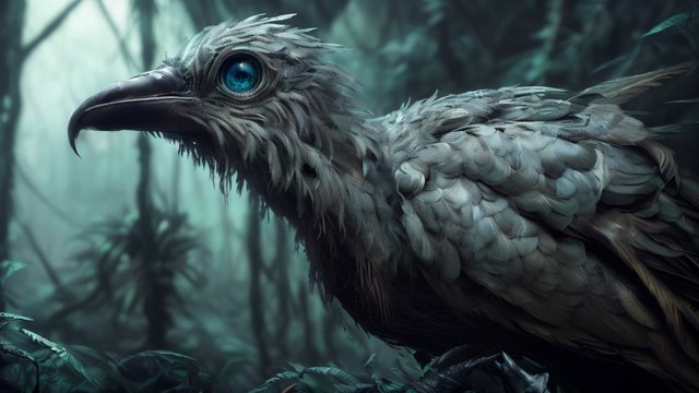 breathtaking photorealistic shot of a mesmerizing creepy bird in a dark jungle  intricate photorealistic details