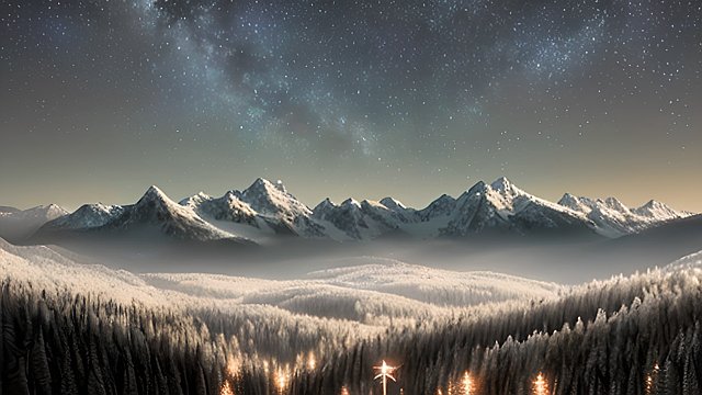 4k breathtaking photo of a snowy forest mountains  night starry sky  milky way  intricate realistic details