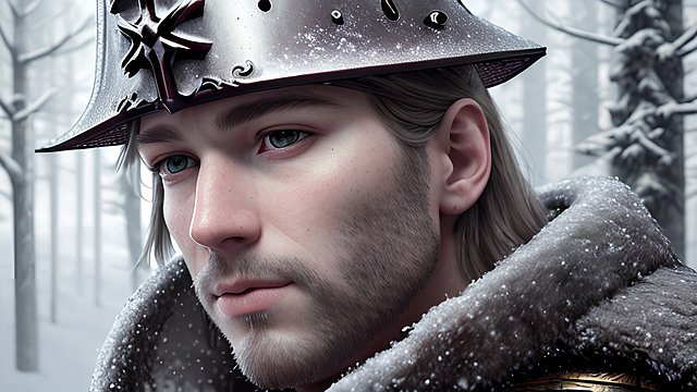 4k breathtaking portrait of medieval soldier mountain forest  snow  intricate realistic details