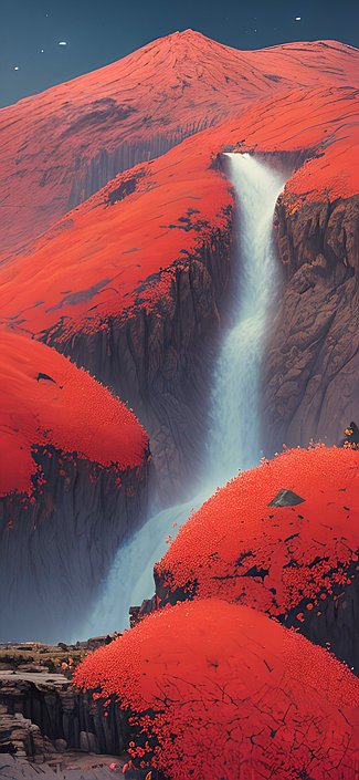 A mountain in a strange world covered in red flowers 