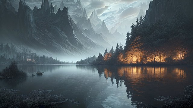 breathtaking photo of a dark lake, intricate realistic details, short fov