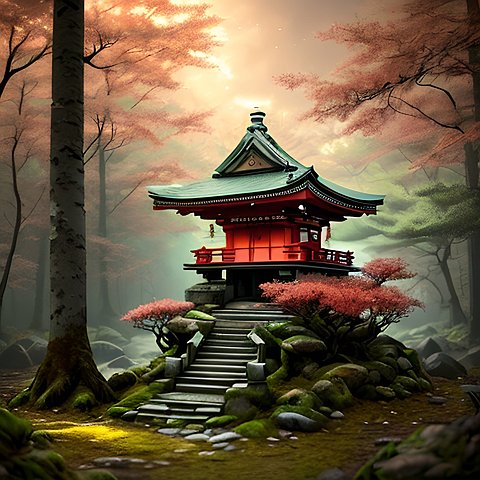 little shrine in a forest  japan  award winning painting