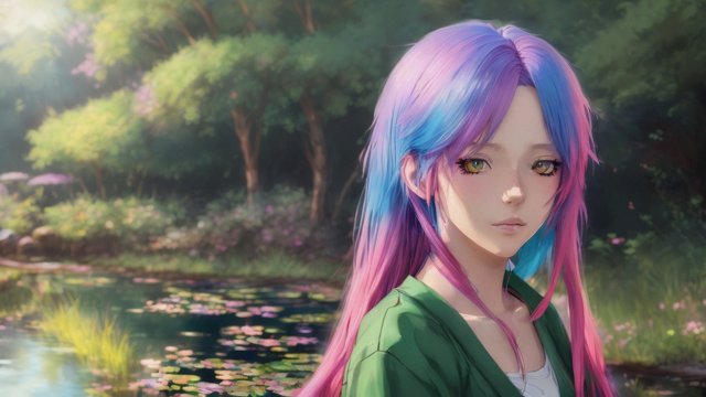 portrait anime girl near a pond, colorful hairs, anime drawing, anime manga style