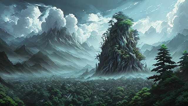 the most breathtaking anime painting of anime monsters in forest mountain  intricate realistic details  dark shades  amazing anime clouds
