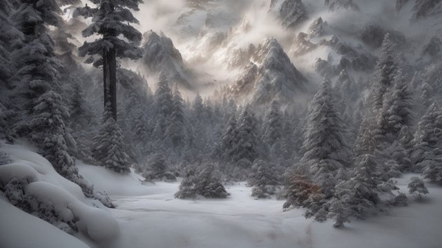 breathtaking photorealistic shot of a mountain forest under snow  intricate photorealistic details