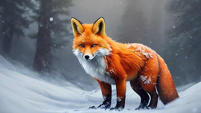 4k breathtaking photo of an orange fox in snowy forest mountains  intricate realistic details
